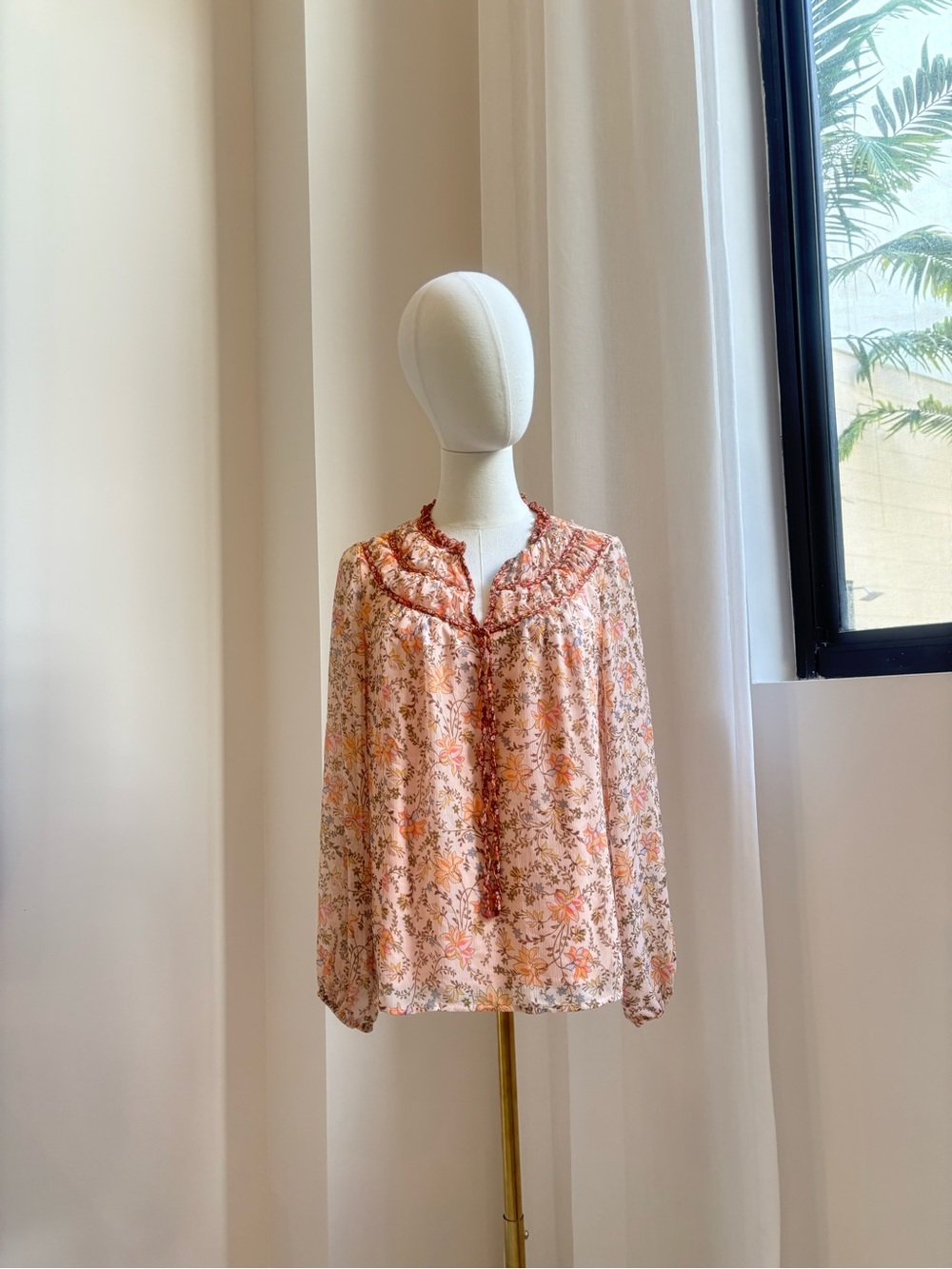 LC Lauren Conrad Peach Floral Ruffled Peasant Blouse